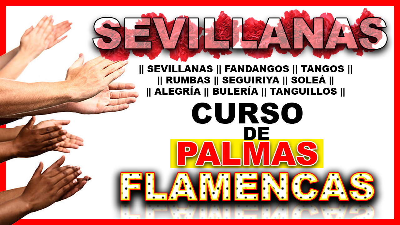 Diferentes manos de varias tonalidades de piel, tocando palmas flamencas. Un titulo en grande que pone Sevillanas.