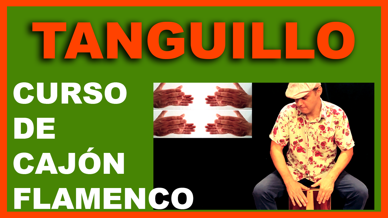 Santiago Sánchez aparece tocando el cajón flamenco con una imagen del banco de ritmos de unas palmas tocando. Aparece un titulo de Tanguillos